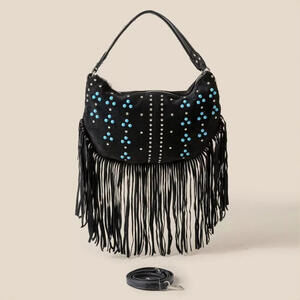 Fame Studded Pattern Multi Fringe Hobo Shoulder Bag